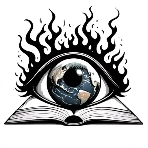 A Book With The Pages Burning With An Eyeball On The Top And Earth At The Bottom