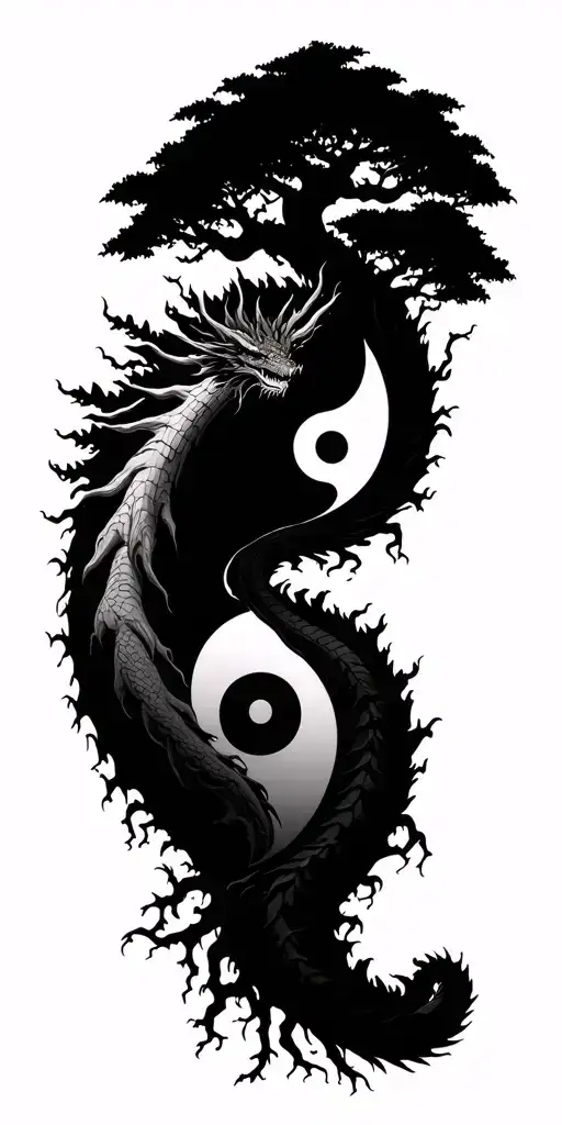 A Tree That Is Rooted On A Yin Yang And A Dragon That Wraps Around The Arbr