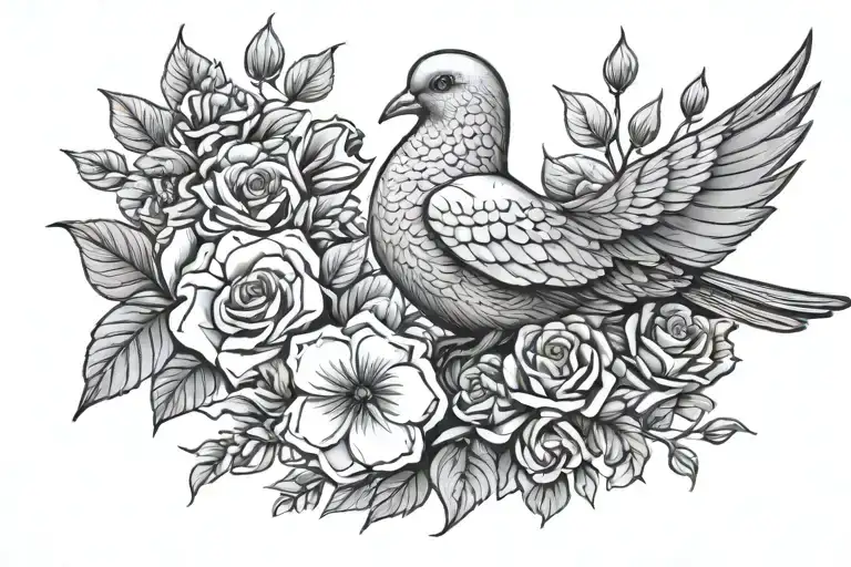 Flowers And Dove Perched