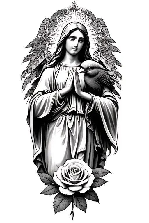 Virgin Mary Praying With A Rose On The Bottom And A Quetzal Bird