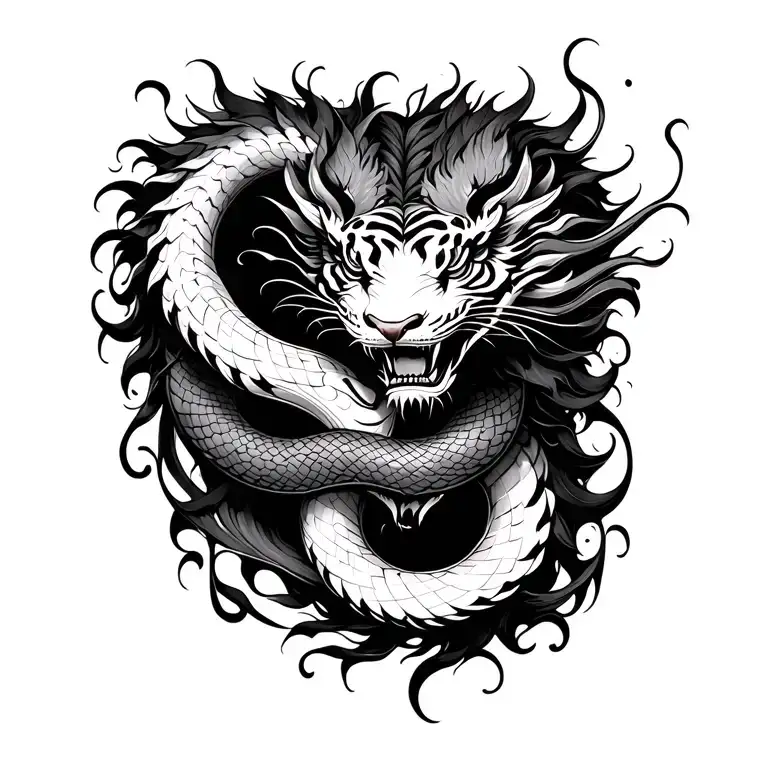Chinese Dragon Tiger Snake Intertwined Hearts