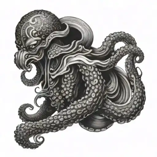 Japanese Style Octopus With Samurai Armor With Waves Background Full Sleeve