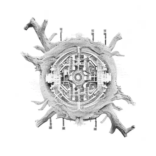 An Intricate Tattoo Of A Computer Motherboard Merging With A Tree Trunk