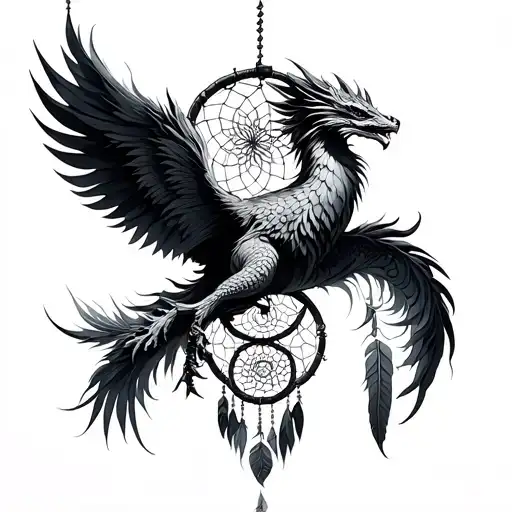Urban Phoenix And Mythical Dragon In Front Of Dream Catcher