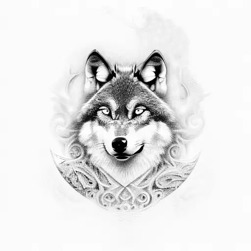 An Intricate Black-grey Design Featuring A Wolf Playing An Electric Guitar