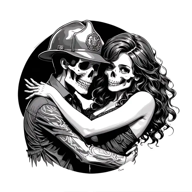 Skeleton With Fire Fighter Hat Hugging A Lady With Hair