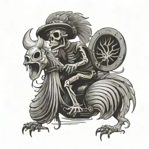 Skeleton Wearing Night Vision Goggles And Blowing A Conch Shell While Riding A Skeleton Rooster