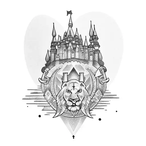 An Arm Sleeve Tattoo With A Castle On An Mountain And An Elephant And A Baby King And A Lion