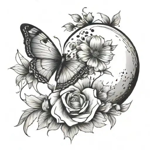 Simple Moon And Butter Fly And Flower