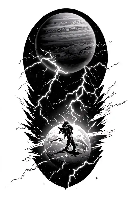 Zues The God Of Lightning Striking On Jupiter The Planet Tattoo Design
