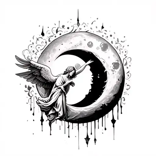 Crescent Moon With A Falling Angel Inside