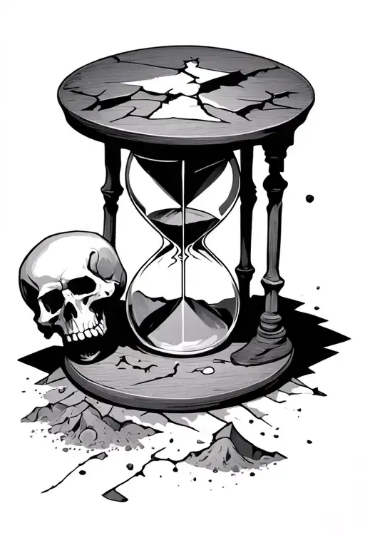 Broken Hourglass With Skull And Sand Underneath