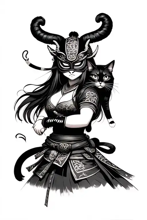 Samurai Girl With Oni Mask Holding A Cat