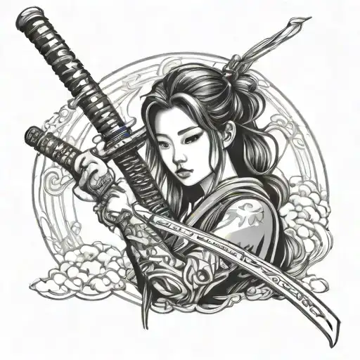 Asian Girl Holding Katana Sword