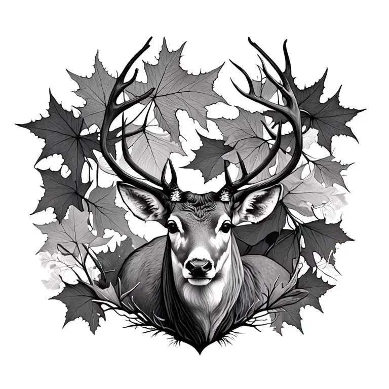 Sika Deer With Japanese Maple And Ginkgo Leaves