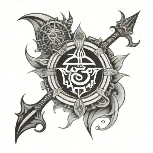 Combination Of Trishul And Sudarshan Chakra With A Crisp Of Hindy Mythology