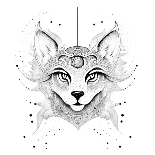 A Dotwork Tattoo Of A Mystical Animal Surrounded By Celestial Elements