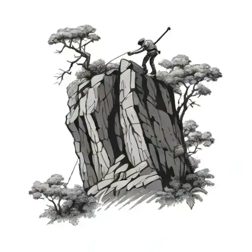 A Rock Climber Scaling A Guitar-shaped Cliff Face Surrounded By Lush Forest