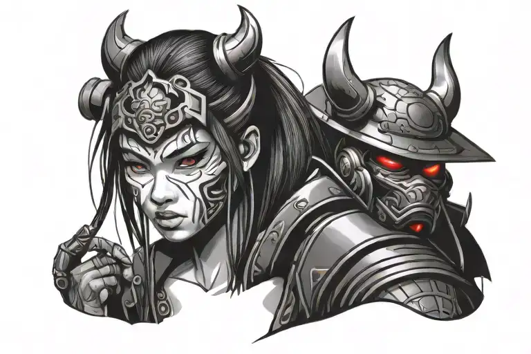 Cyberpunk Samurai Girl With Oni Mask