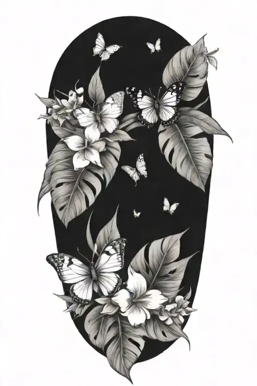 Tropical Leaves With Flowers And Butterflies