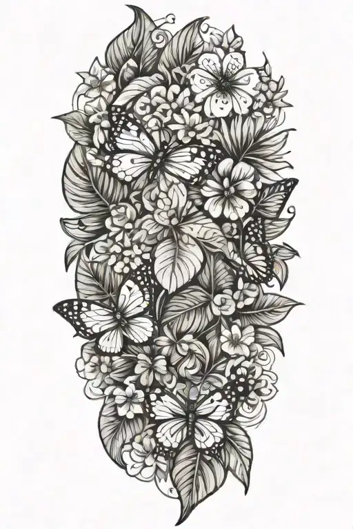Tropical Leaves With Flowers And Butterflies