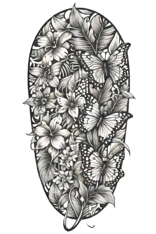 Tropical Leaves With Flowers And Butterflies