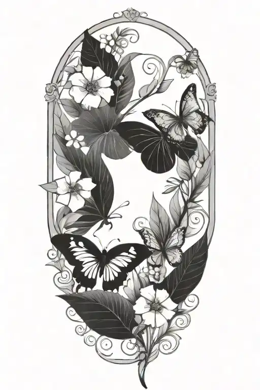 Tropical Leaves With Flowers And Butterflies