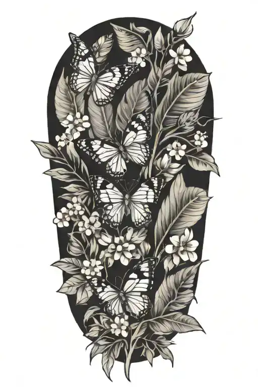 Tropical Leaves With Flowers And Butterflies