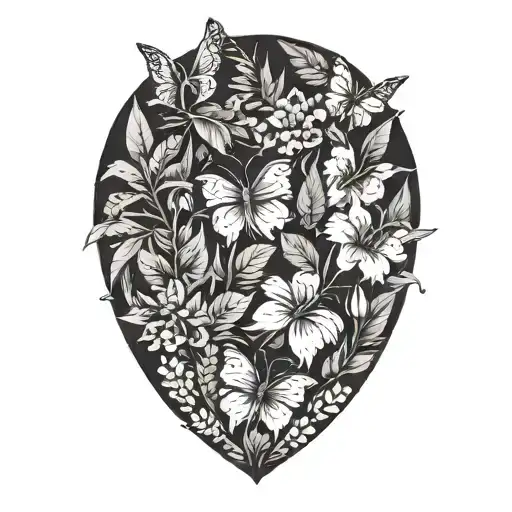 Tropical Leaves With Flowers And Butterflies