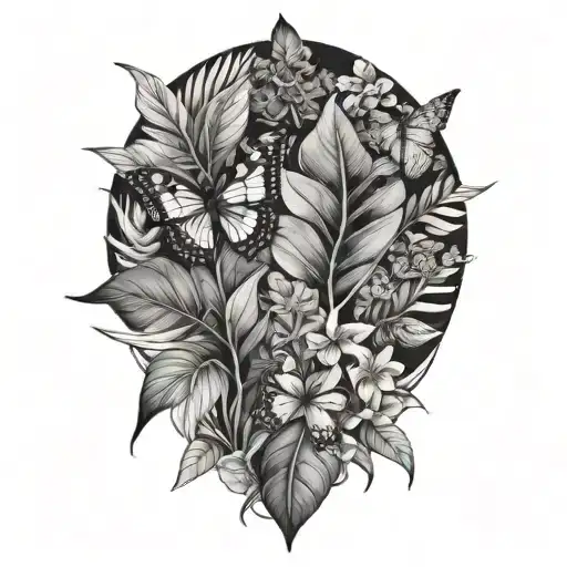 Tropical Leaves With Flowers And Butterflies