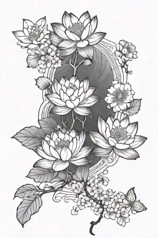 Lotus Flowers And Cherry Blossoms