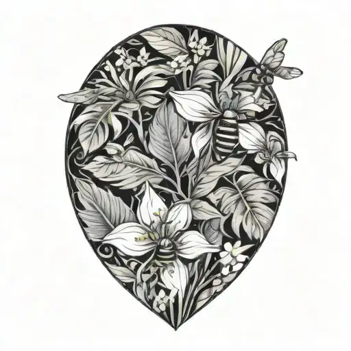 Tropical Leaves With Flowers And Bees