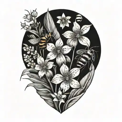 Tropical Leaves With Flowers And Bees