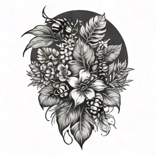 Tropical Leaves With Flowers And Bees