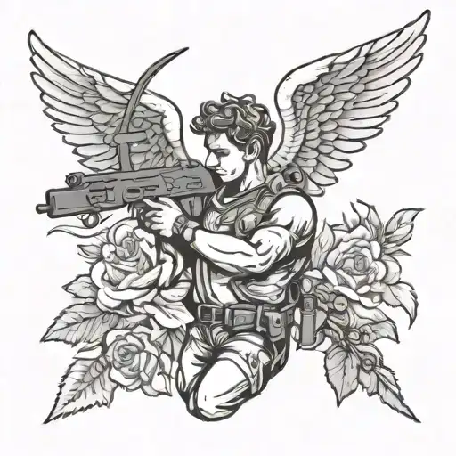 Cupid Carries A Gun Tattoo Sketch