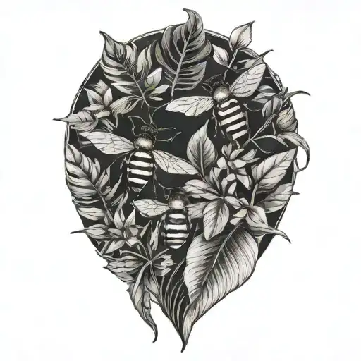 Tropical Leaves With Flowers And Bees