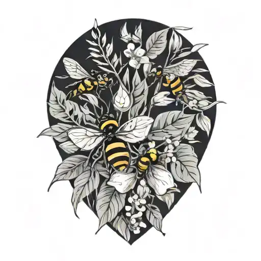 Tropical Leaves With Flowers And Bees