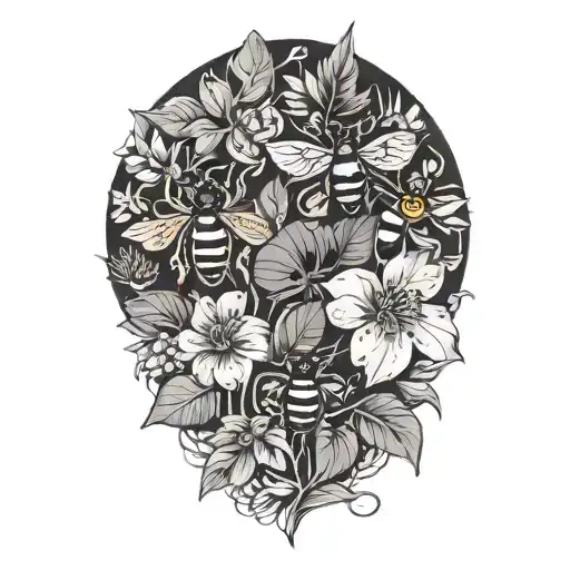 Tropical Leaves With Flowers And Bees