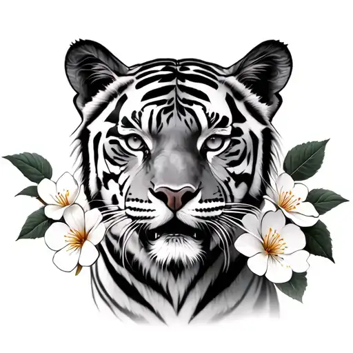Realistic Cherry Tiger And Cherry Flowers