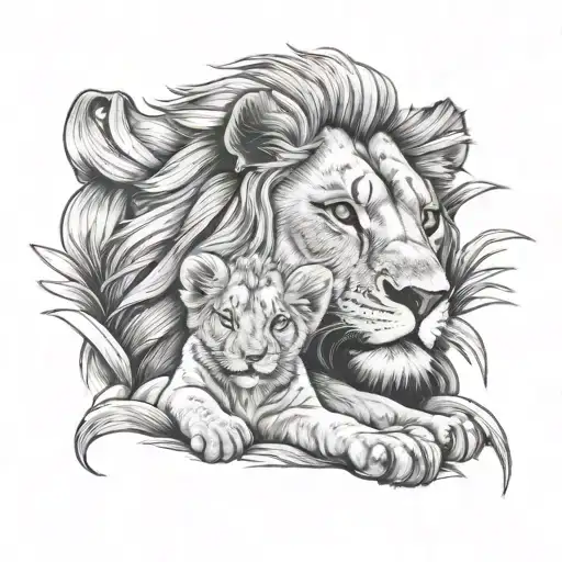 Male Lion And Cub Laying