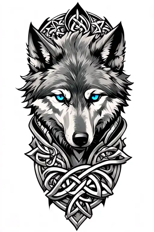 Wolf With Blue Eyes On Armor Tattoo Design Featuring Celtic Trinity Knot