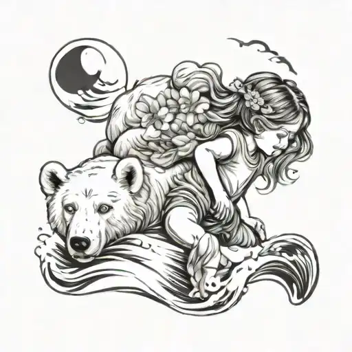 Little Girl With Flowers In Her Hair Playing With Polar Bear Cub And Waves Around Them