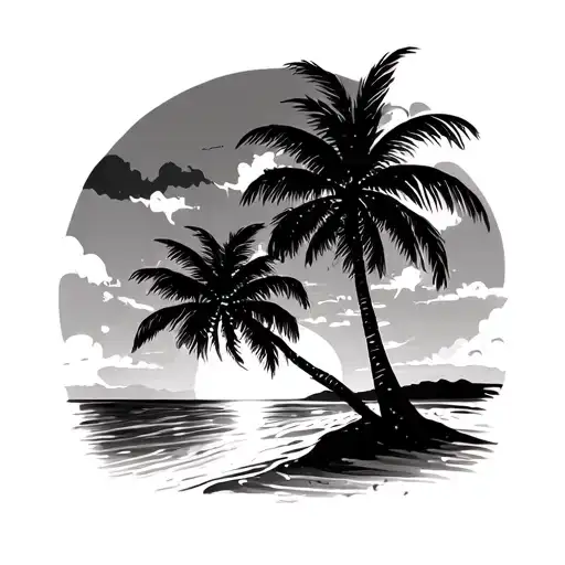 Sunset And Coconut Tree And Beach Scene