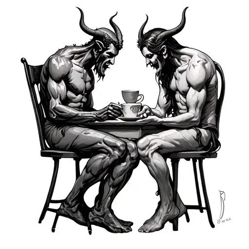 God And Devil Sitting Together Having Coffee