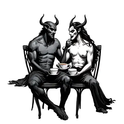 God And Devil Sitting Together Having Coffee