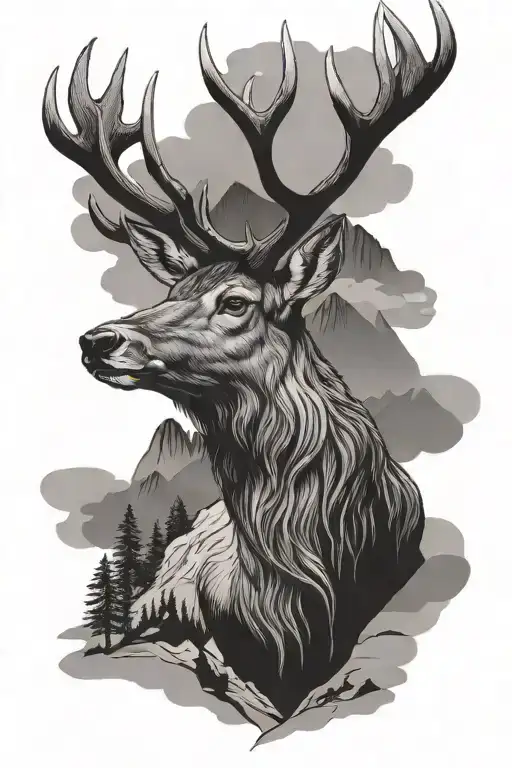 Red Deer Head In Mountains