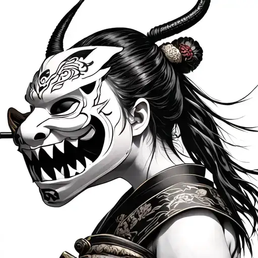 Samurai Woman Taking Off Oni Mask