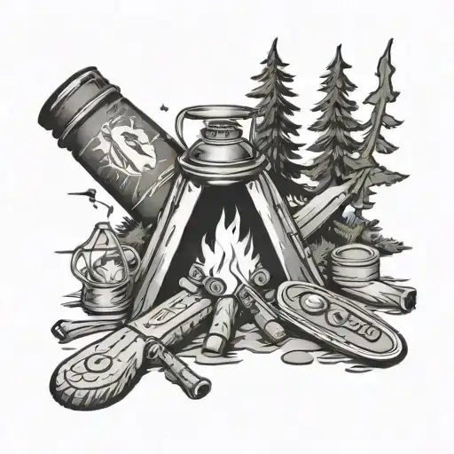 A Black-grey Tattoo Of A Campfire Surrounded By Camping Tools Like A Lantern And A Pocket Knife