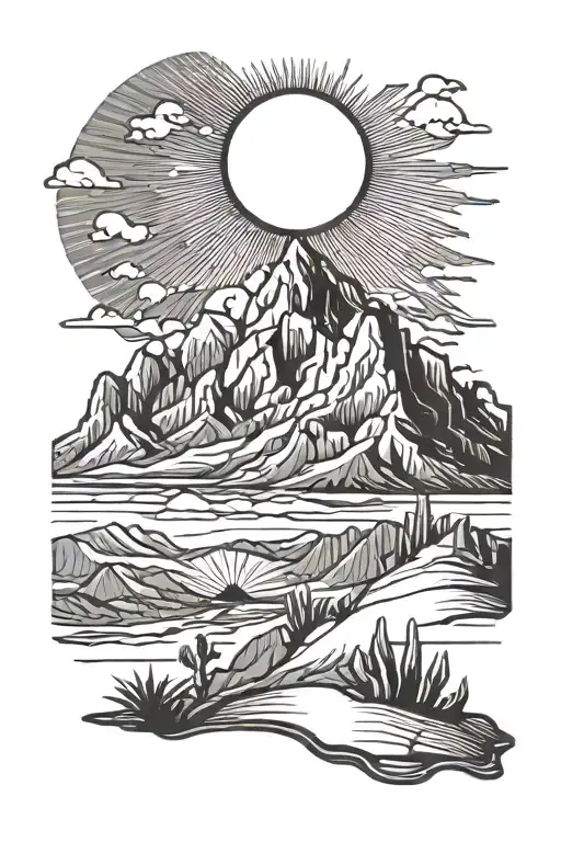 Desert Sun With Mountains And Sun Rays