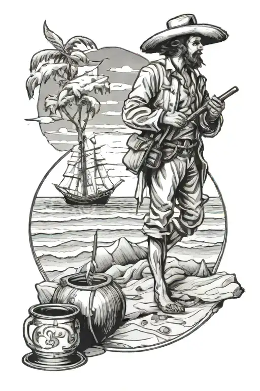 Gaucho On A Beach Drinking Mate With Sailboat Sailing Away